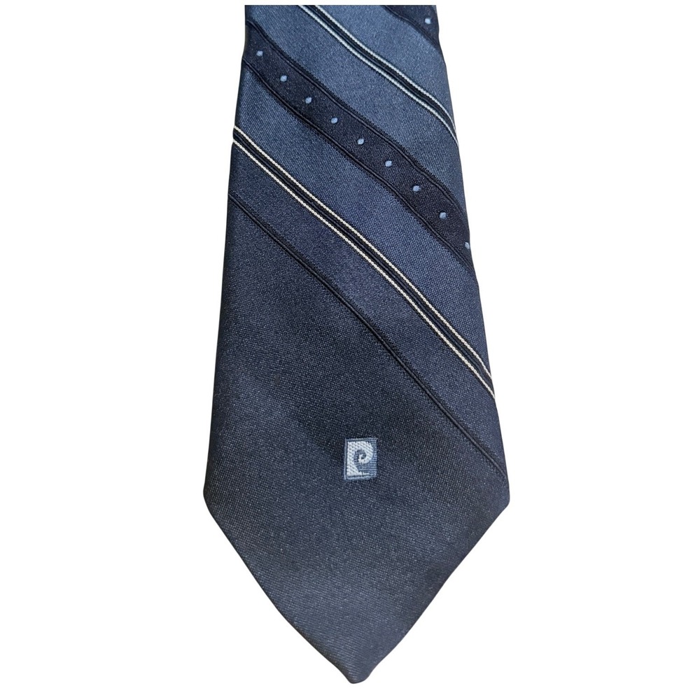 Pierre Cardin Necktie 1970s Blue Striped Polka Dot Wide Blade Vintage Tie
